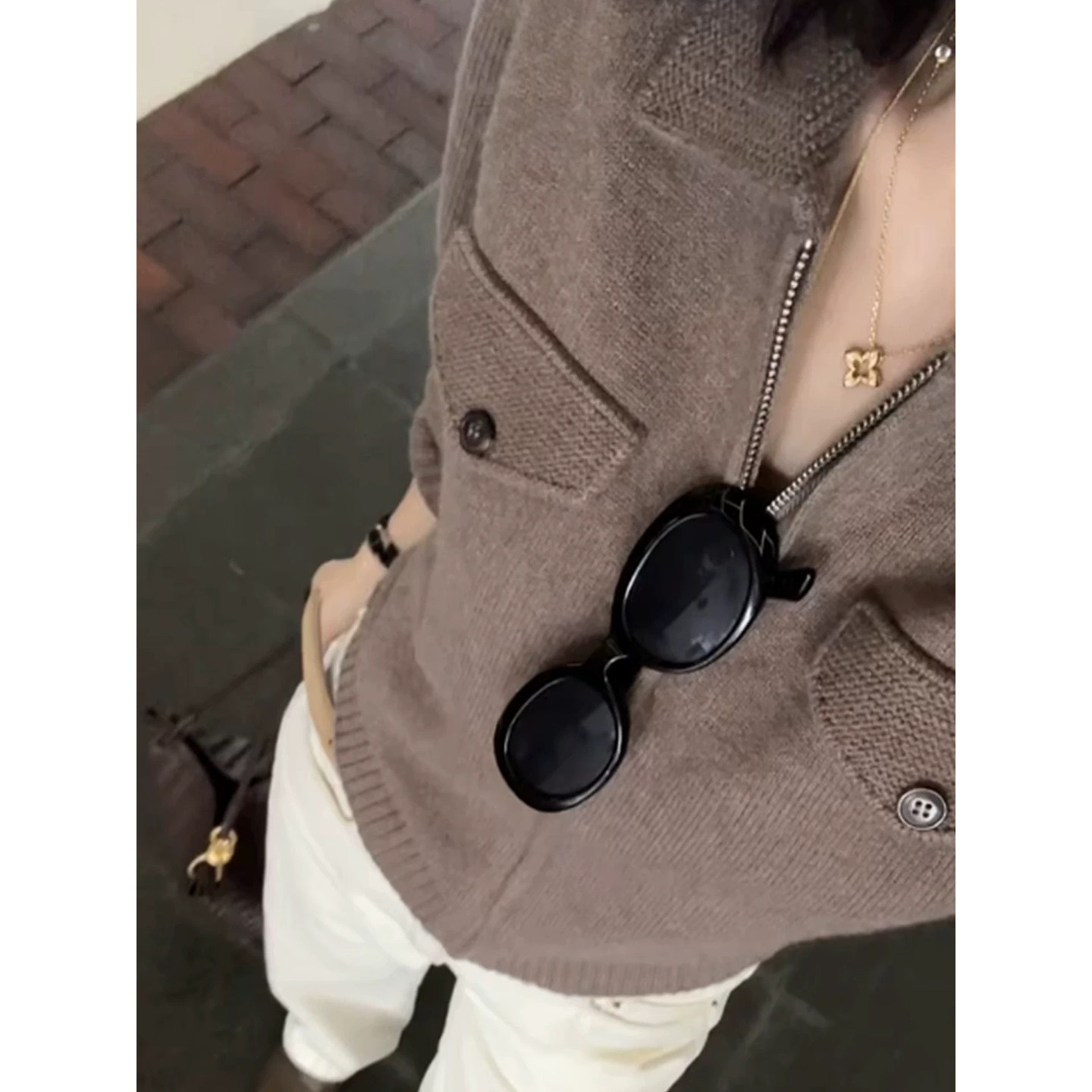 老钱风咖色polo领拉链针织开衫女秋冬慵懒宽松外穿毛衣外套打底衫