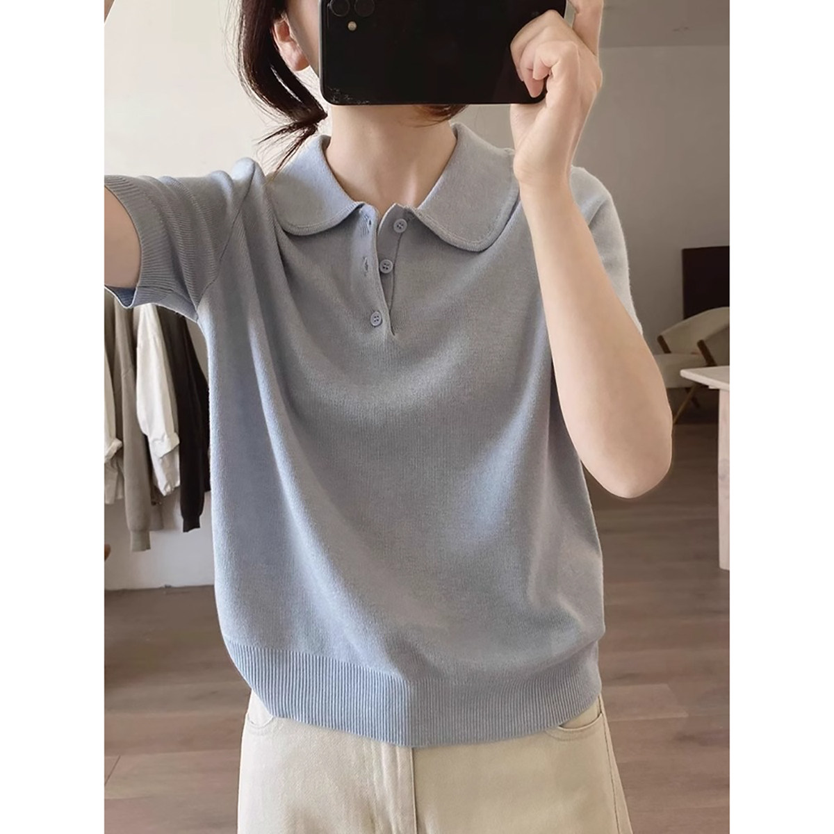 蓝色冰丝针织短袖polo衫女夏季高级感休闲透气宽松小个子翻领上衣