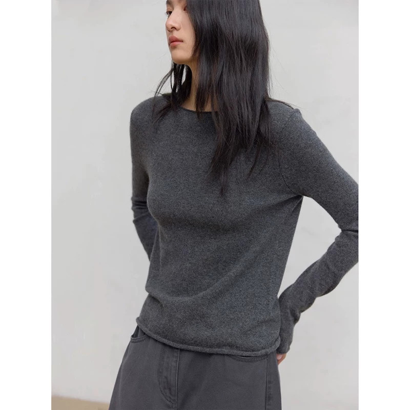 法式卷边正肩毛衣打底针织衫女秋冬淡人高知穿搭显瘦叠穿极简上衣