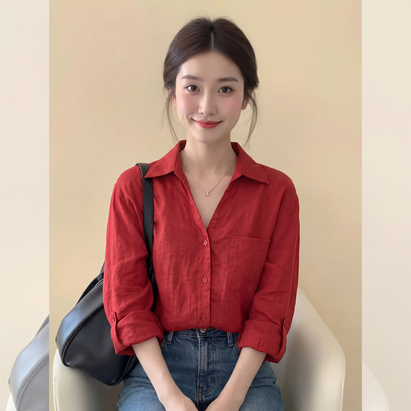 法式气质红色正肩长袖防晒衬衫女