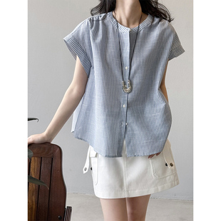 韩系蓝色条纹亚麻短袖衬衫女夏季设计感休闲宽松透气小飞袖衬衣薄