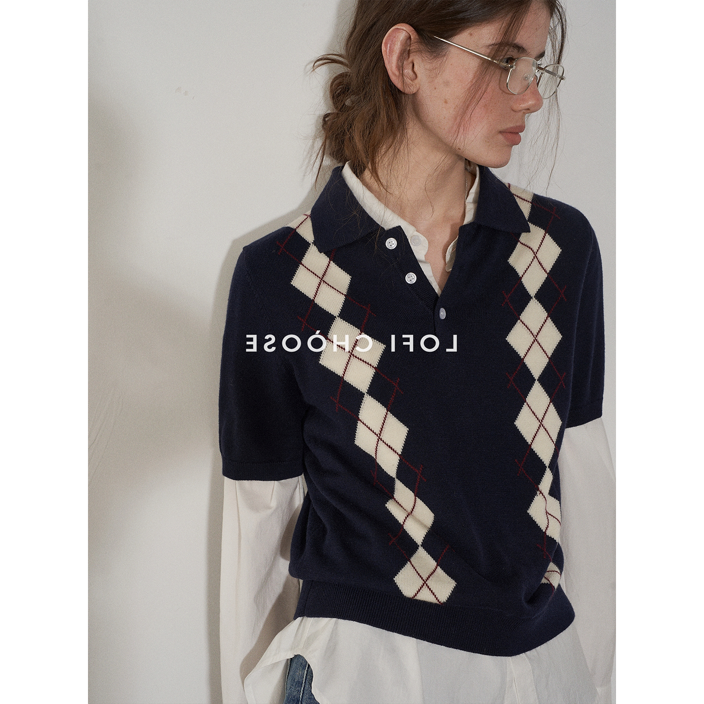 美式复古菱格短袖针织polo衫女春夏高智感休闲宽松学院风翻领上衣