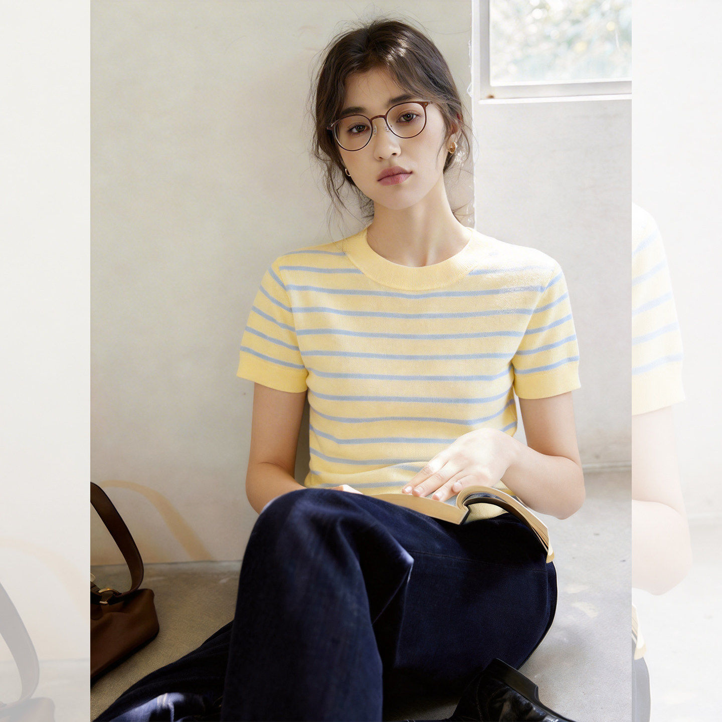 高级感黄色冰丝短袖针织衫女夏季学院风休闲显瘦亲肤透气T恤上衣