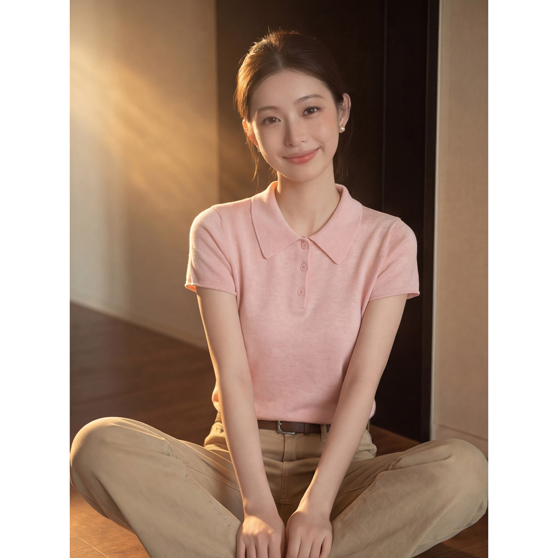法式粉色polo领冰丝短袖针织衫女夏季显瘦亲肤气质正肩小翻领上衣