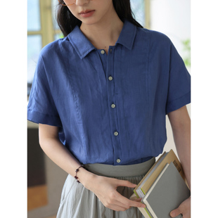 法式复古学院风亚麻短袖衬衫女夏季高级感休闲宽松衬衣别致上衣薄