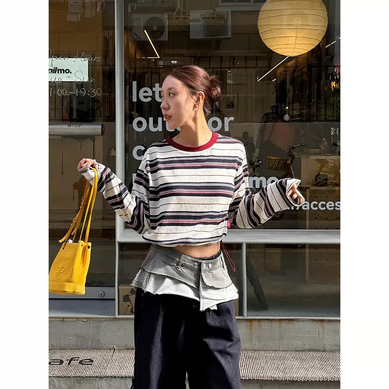 法式休闲慵懒风条纹长袖T恤女早秋季宽松设计感露脐短款绝美上衣
