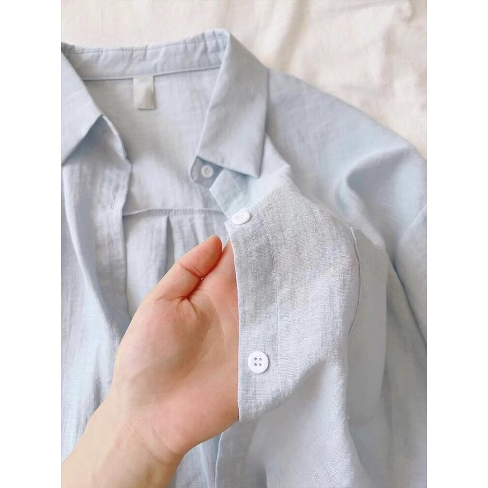 韩系温柔淡蓝色亚麻防晒衬衫女夏季松弛感休闲透气棉麻衬衣罩衫薄