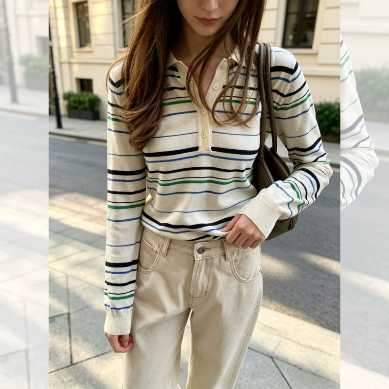 高智感彩色条纹polo领针织衫女秋冬长袖宽松内搭打底衫学院风上衣