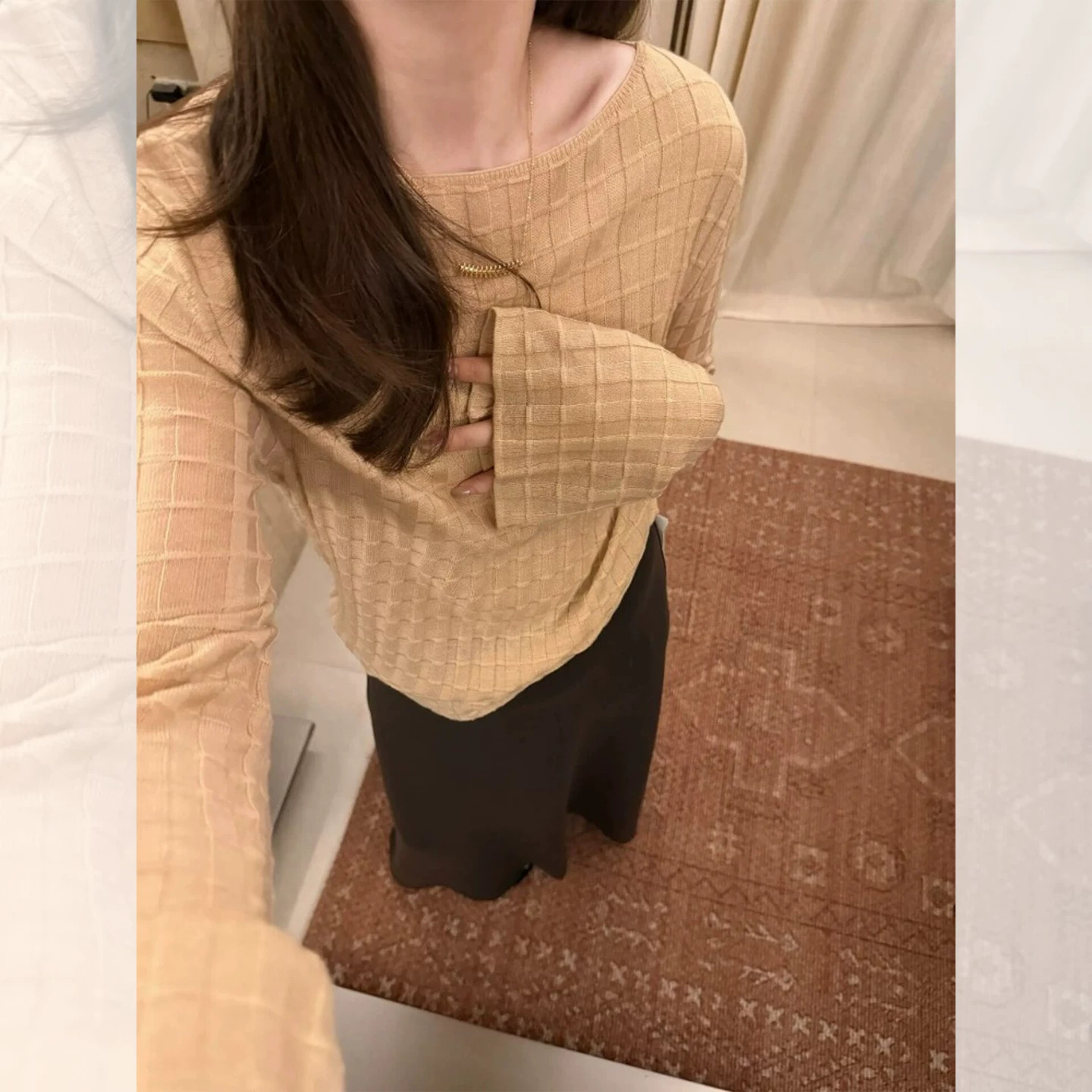 秋季一字肩肌理感针织衫女温柔轻奢高级感修身显瘦内搭打底衫上衣