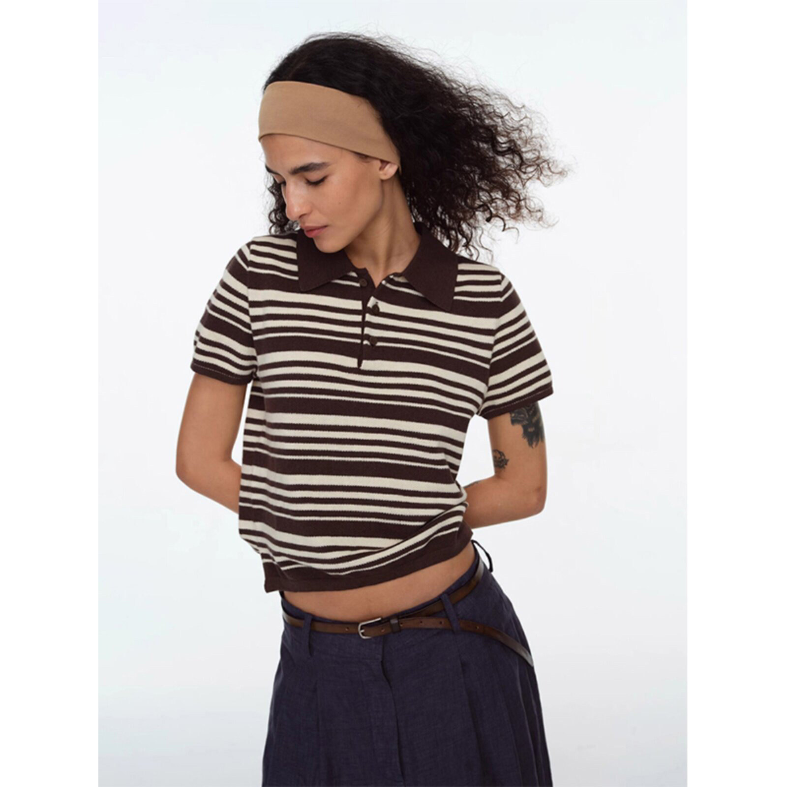 美式冰丝条纹Polo衫短袖针织T恤女夏季高智感休闲显瘦短款上衣薄