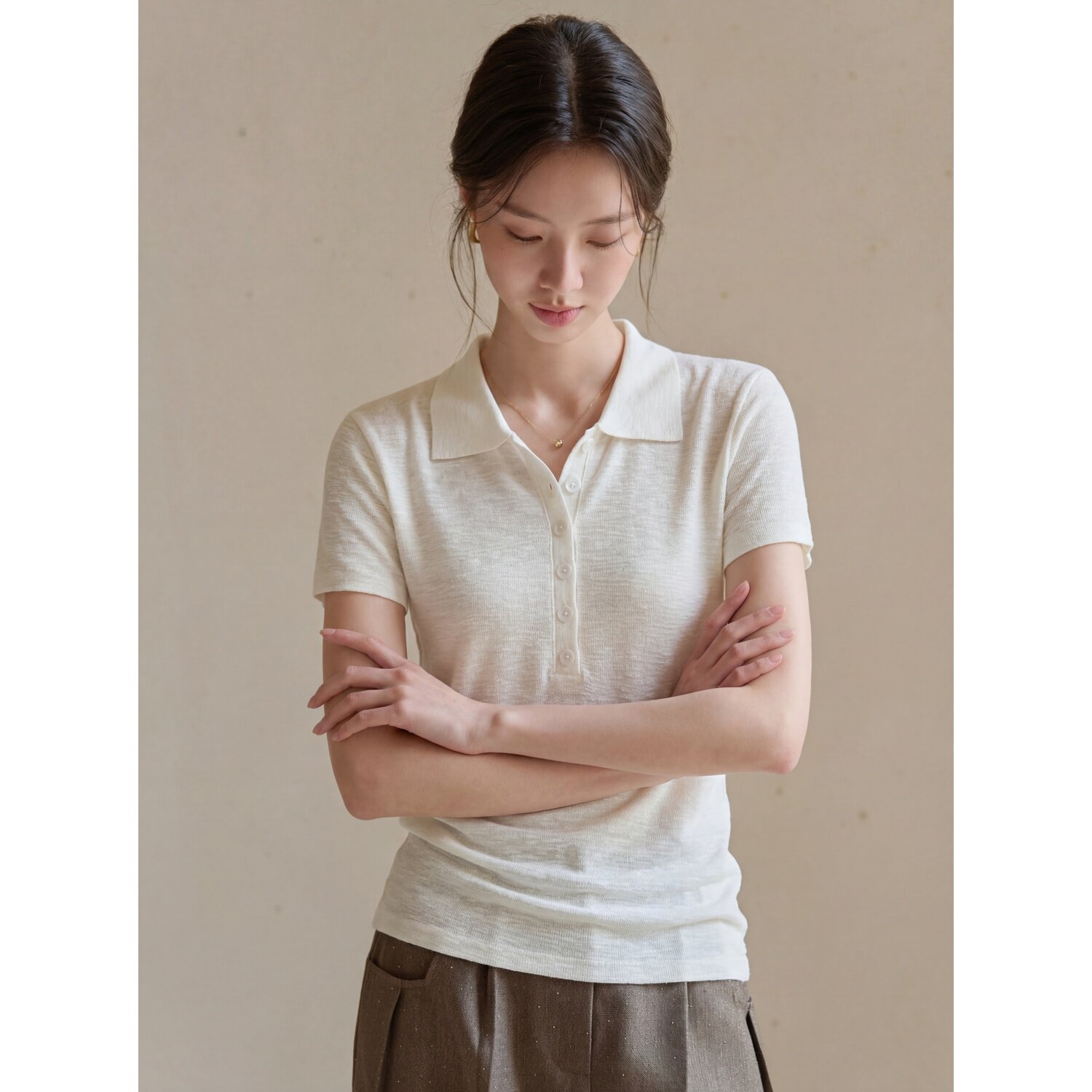 法式轻薄冰丝短袖针织T恤女夏季显瘦亲肤透气正肩polo衫凉感上衣