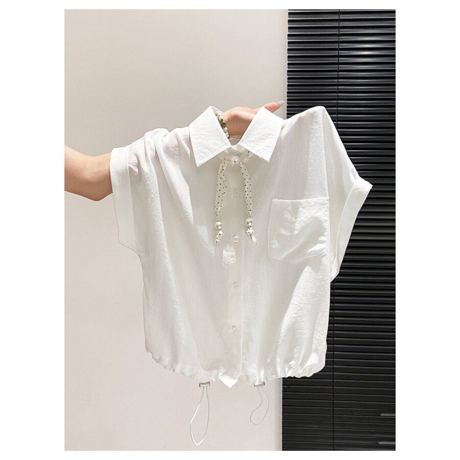 温柔白色polo领短袖衬衫女夏季丝带抽绳收腰设计宽松显瘦气质上衣