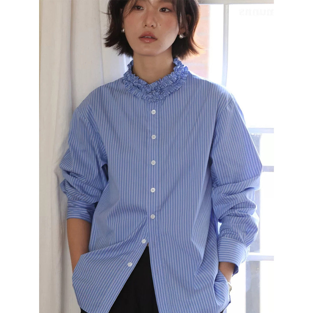 法式花边领蓝色条纹衬衫女上衣春