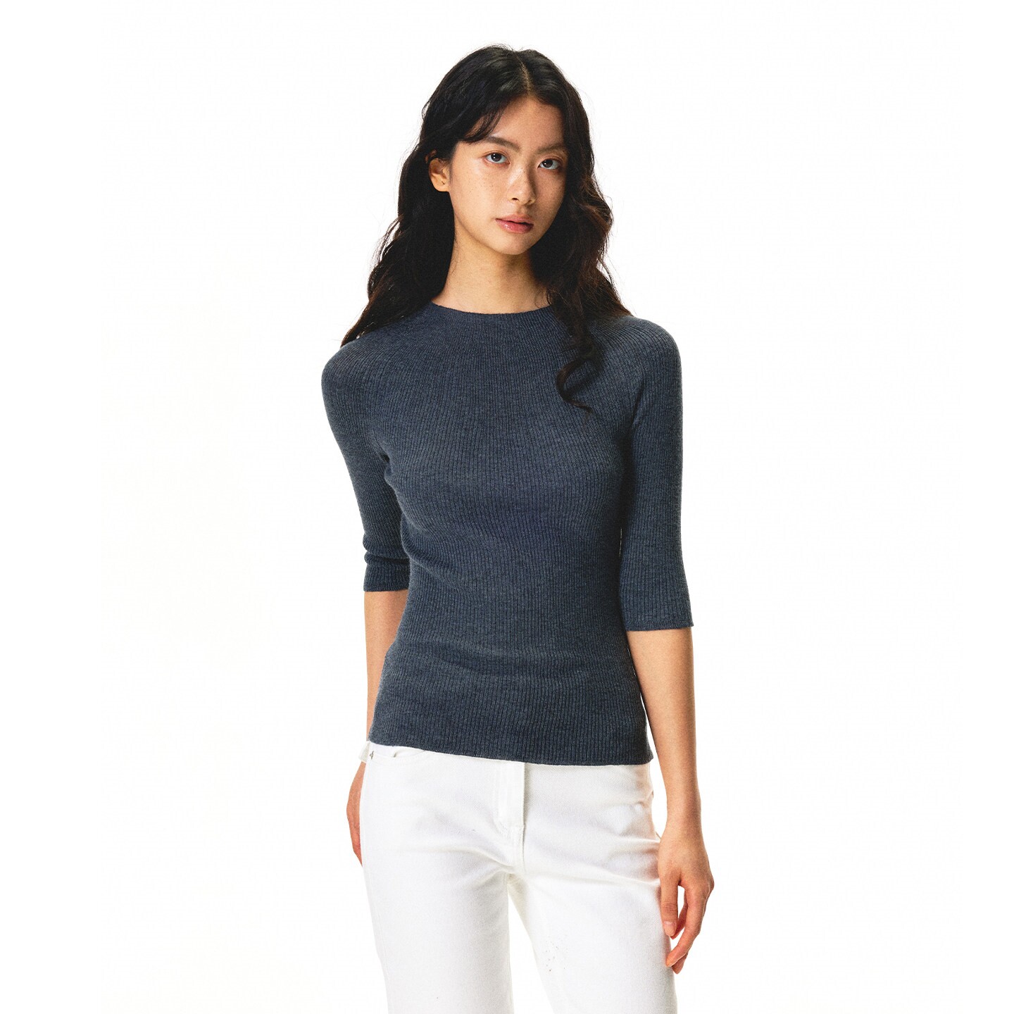 美式复古深灰半袖针织衫女夏季高级感修身亲肤显瘦短袖T恤上衣薄