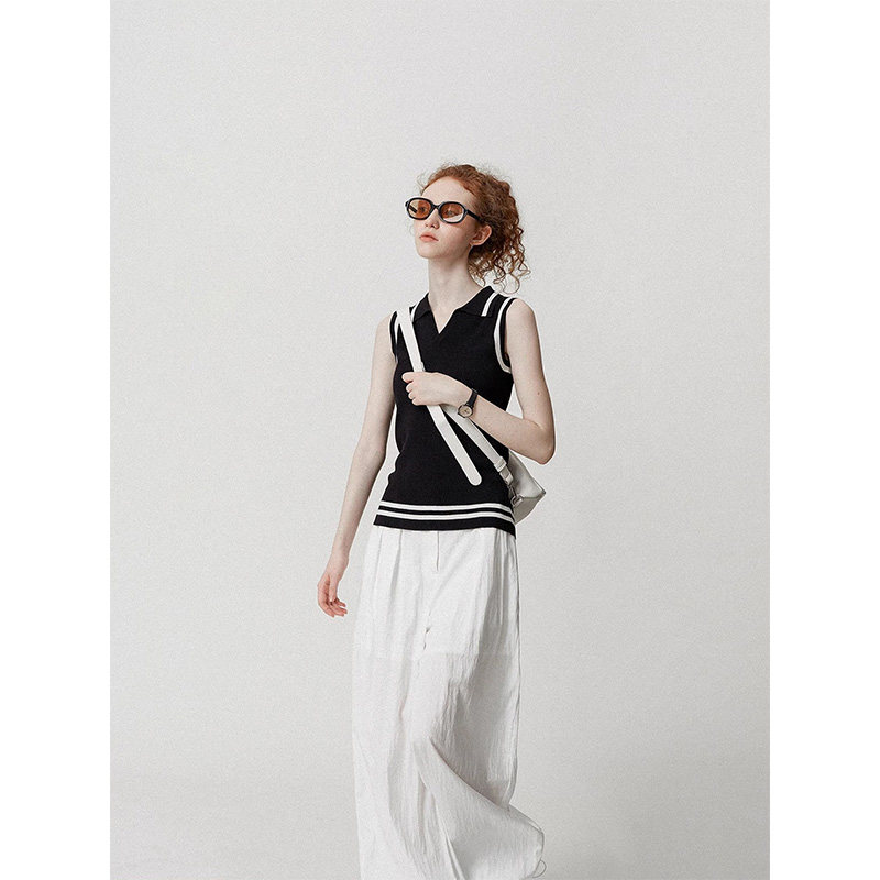 法式条纹针织吊带背心女夏季透气修身显瘦遮副乳无袖polo衫上衣薄