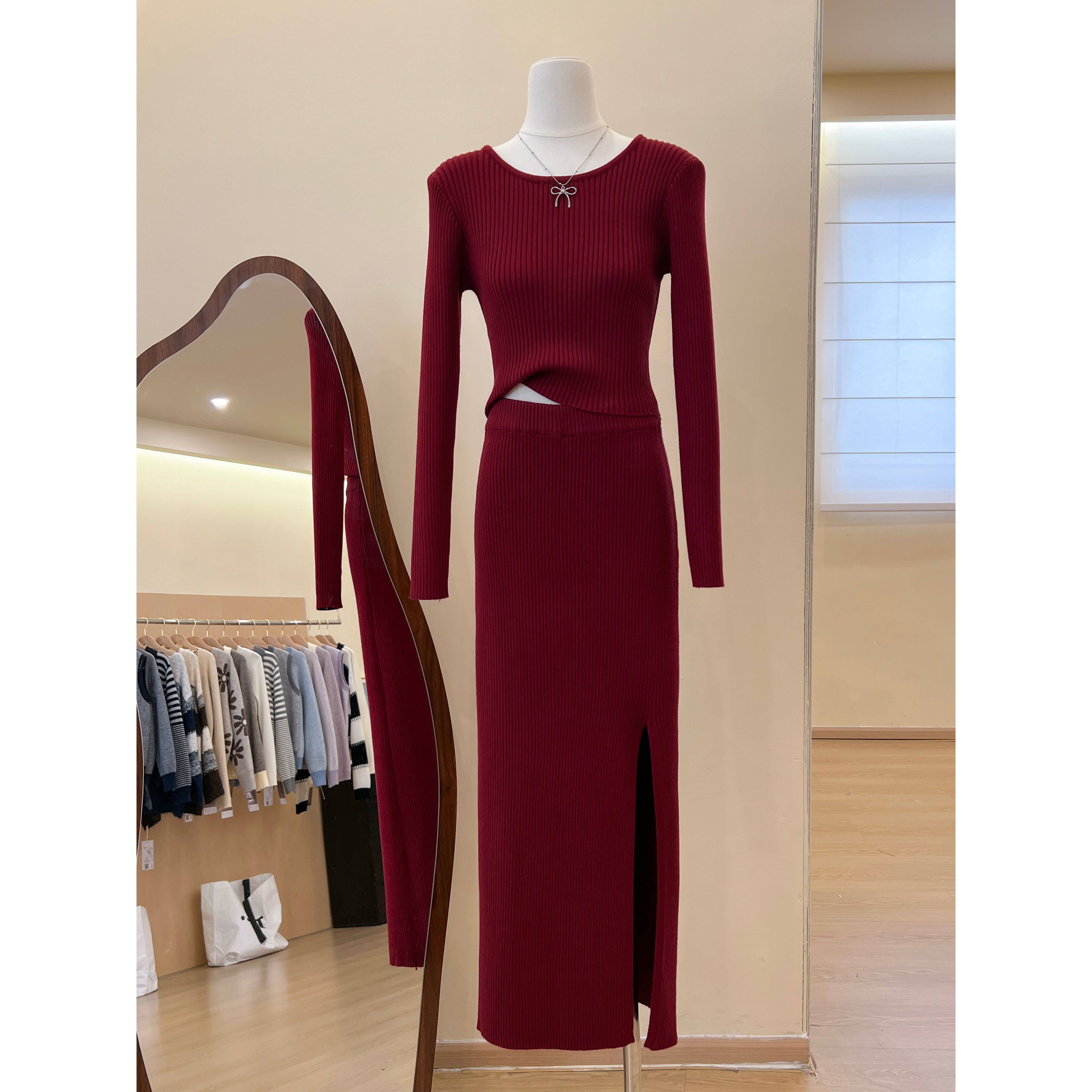 实拍~入冬衣服女装秋冬季一整套红色针织上衣半身长裙两件套装