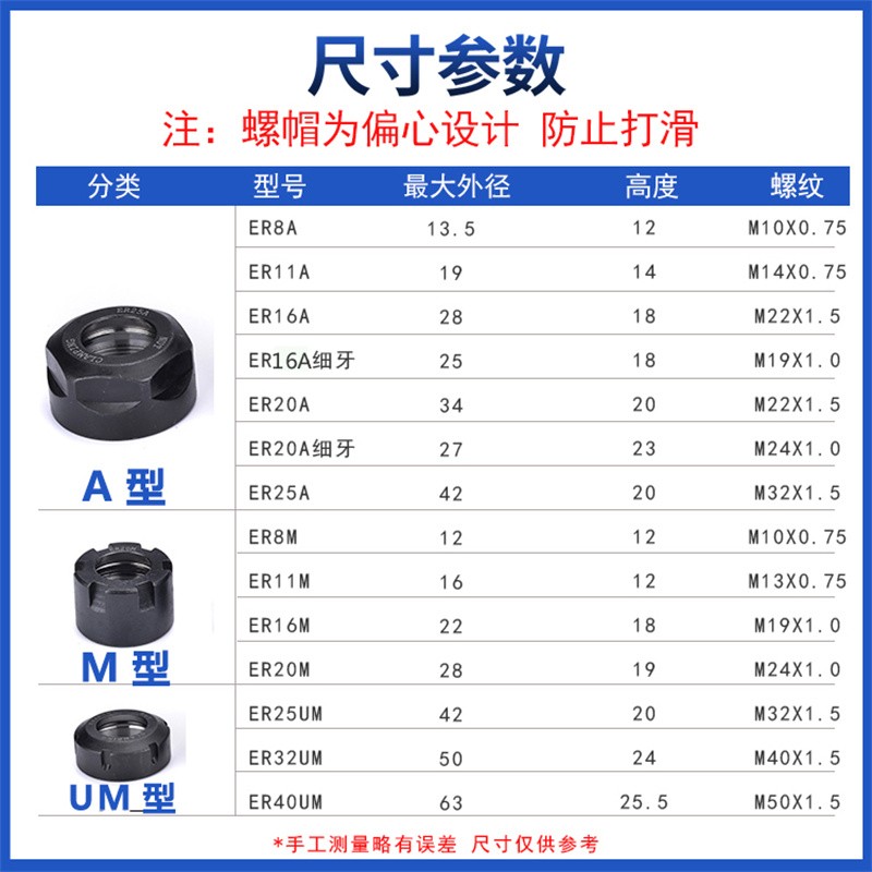 ER刀柄螺母压帽雕刻机主轴六角螺帽UM型A型ER8/11/16/25/32/40/20