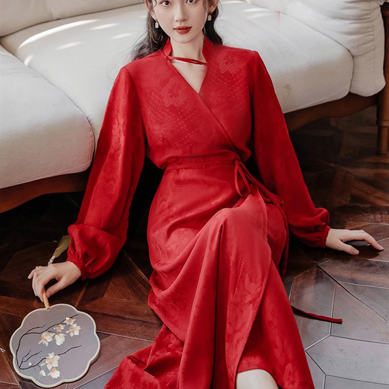好质量  红色连衣裙复古长裙订婚回门礼服日常新中式女装春季晨袍