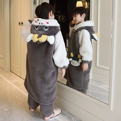 冬季儿童睡衣加厚法兰绒睡袍男童小孩珊瑚绒卡通中长款家居服套装