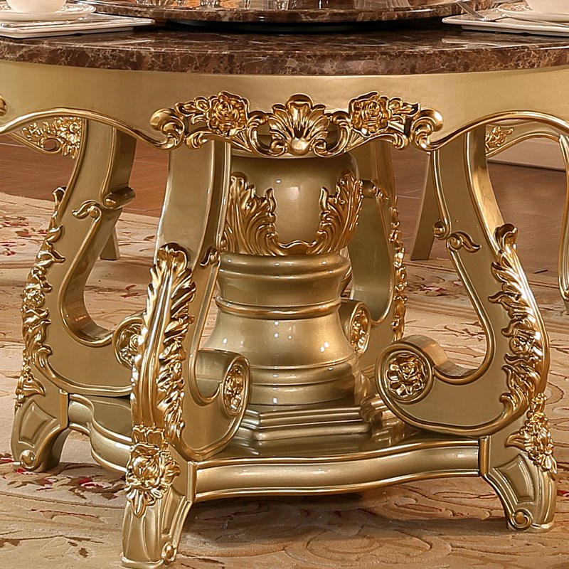 欧式圆桌 美式餐厅大理石带转盘6人8人家用实木雕花豪华圆形饭桌