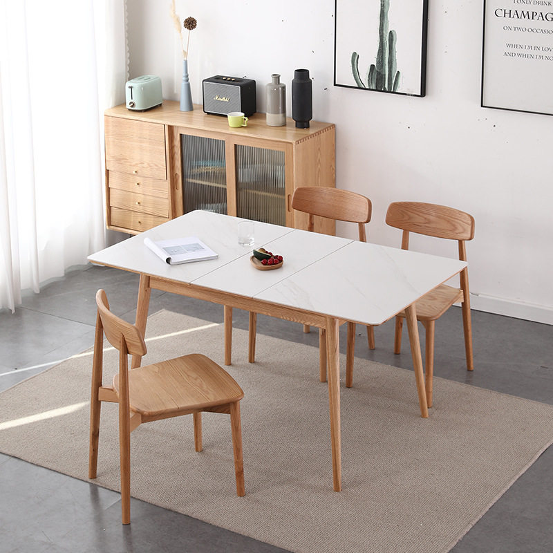 岩板伸缩餐桌橡木家用小户型饭桌长方形折叠桌北欧实木可拉伸跳台