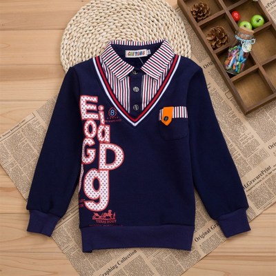 男童秋冬加绒长袖T恤纯棉条纹上衣翻领衬衫假两件中大儿童打底衫