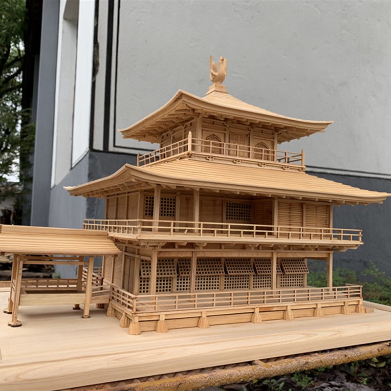 中式东阳木雕摆件古建筑金阁寺木制模型悬挂吊装倒影酒店软装饰品