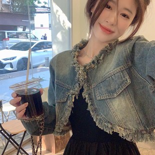 大码女装秋冬新款胖妹妹背心连衣裙复古毛边流苏短款牛仔外套套装