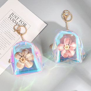 格子花朵镭射透明PVC零钱包拉链果冻包车钥匙挂饰卡包迷你收纳包