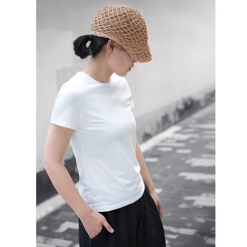 帛色内搭基础款修身弹力t恤衫女短袖2024海岛棉圆领t纯棉T恤短款