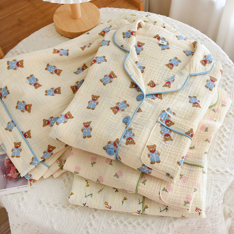 2024夏季新款女短袖短裤睡衣套装纯棉薄款双层纱布翻领开衫家居服