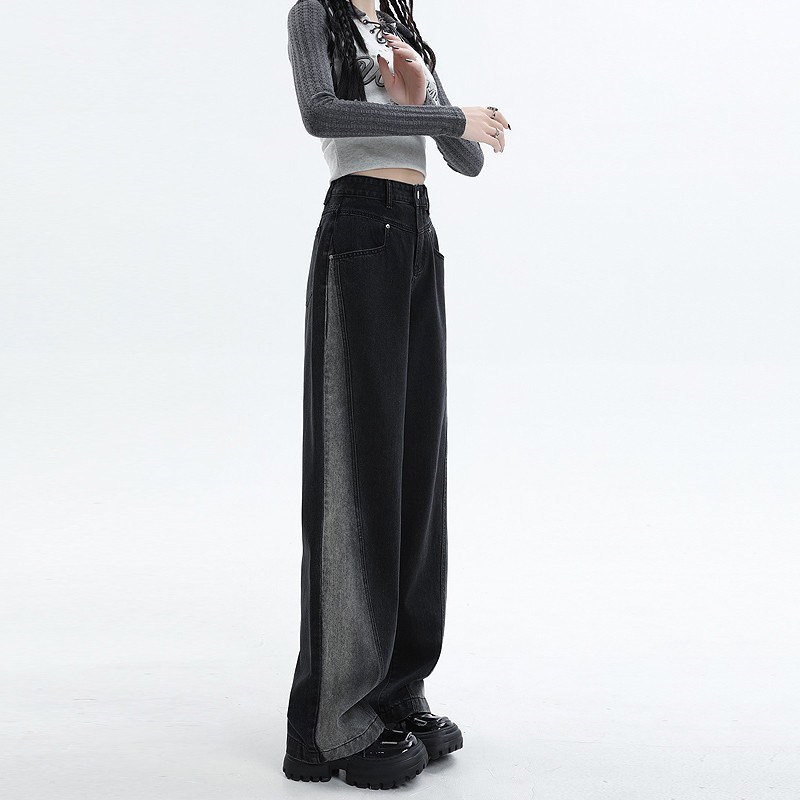 300斤大码胖mm渐变黑色牛仔裤女美式宽松显瘦撞色设计感阔腿裤子
