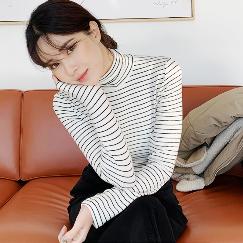 秋季高领打底衫女纯棉长袖洋气修身女装内搭秋衣秋冬条纹T恤上衣