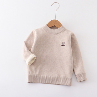 儿童加绒加厚毛衣宝宝圆领保暖全棉针织衫男女童黑白色套头打底衫