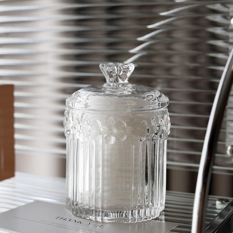 米诺 爱心花朵透明浮雕玻璃罐糖果罐 棉花棒棉签收纳罐家用储物罐