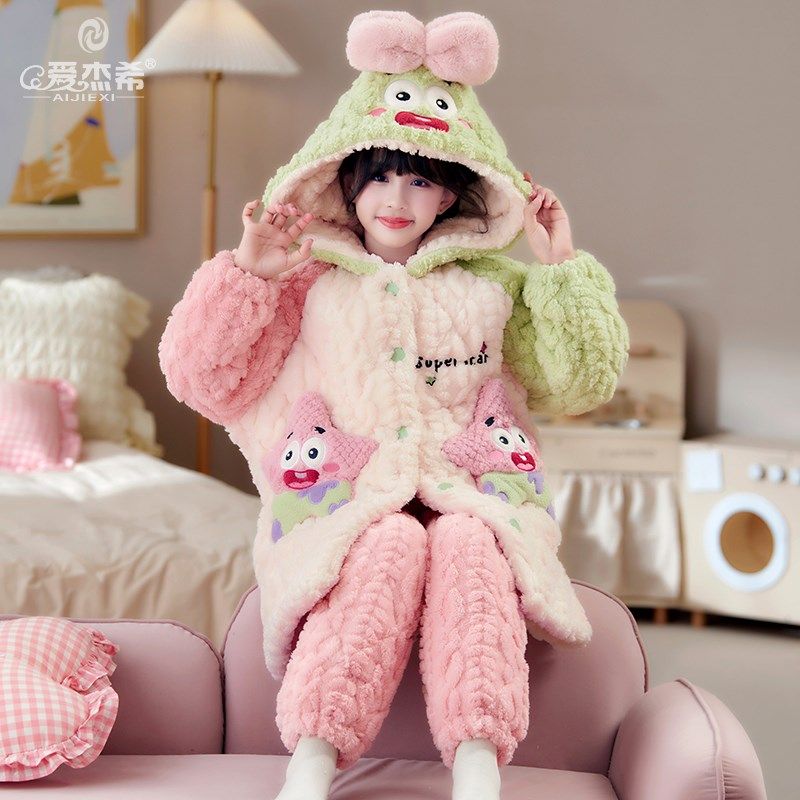 女童三层夹棉睡袍儿童睡衣冬款加厚2024新款秋冬季珊瑚绒女孩加绒
