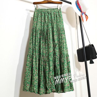 大摆孔雀绿色碎花半身裙女夏2025新款小个子裙子雪纺百褶长裙花裙