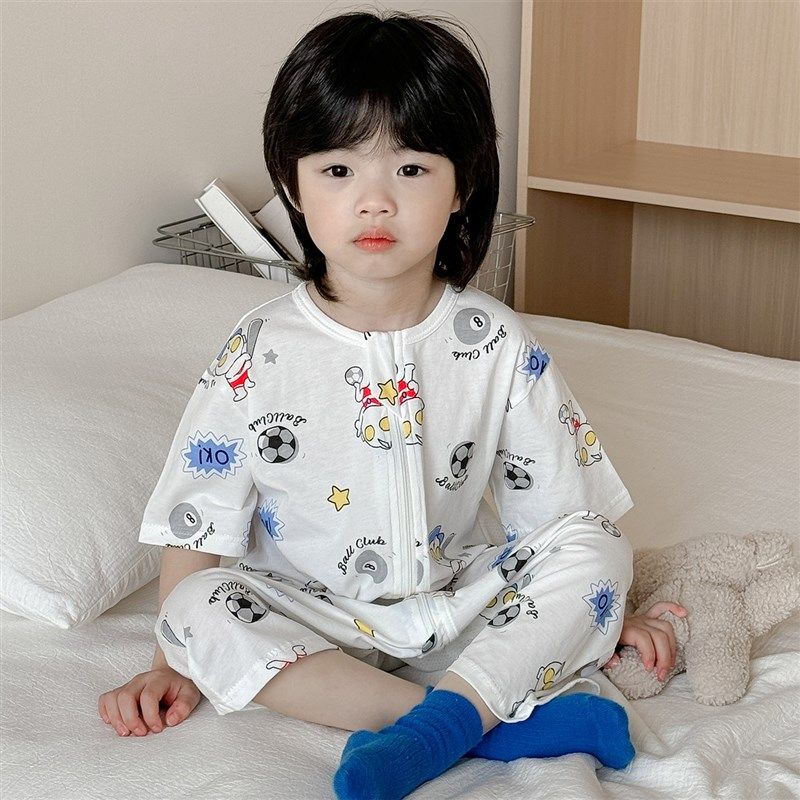 夏季儿童连体睡衣短袖纯棉男童防着凉睡袋a类宝宝夏天薄款连身衣