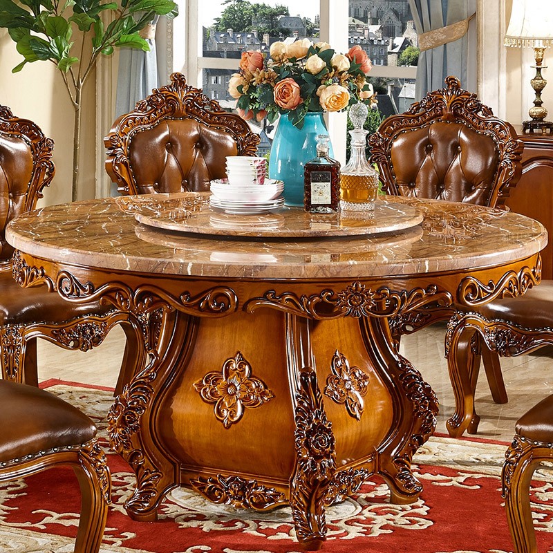 粤港家具 欧式大理石餐桌美式欧美圆形转盘大饭桌 全实木雕花餐桌