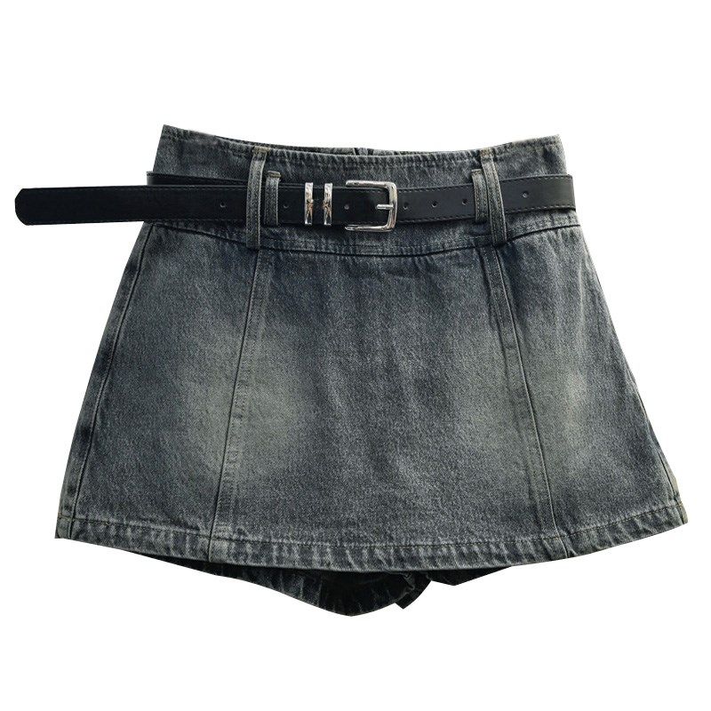 R&K时尚牛仔短裙裤女2025春夏显瘦A字阔腿裤假两件百搭前裙后裤