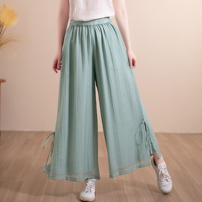 夏宽松飘逸阔腿裙裤中国风仙女双层仙女脚口系带蝴蝶结休闲阔腿裤
