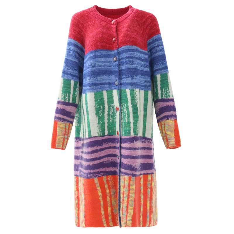 阁兰秀秋冬彩色条纹提花羊毛混纺针织开衫加厚毛衣外套中长款女装