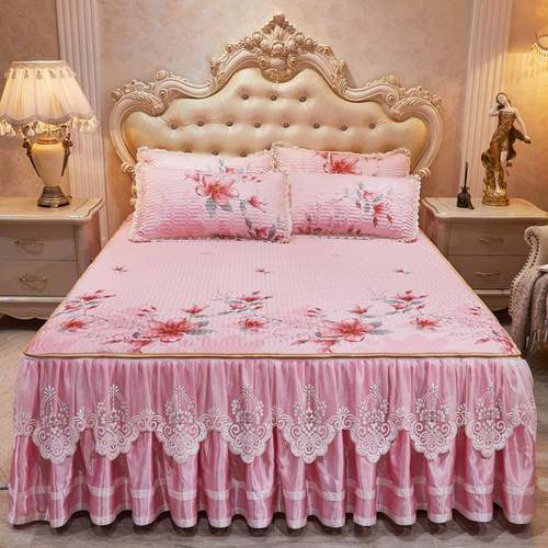 欧式床裙式凉席冰丝席3件套床可水洗机洗空调折叠软席子床罩1.8m