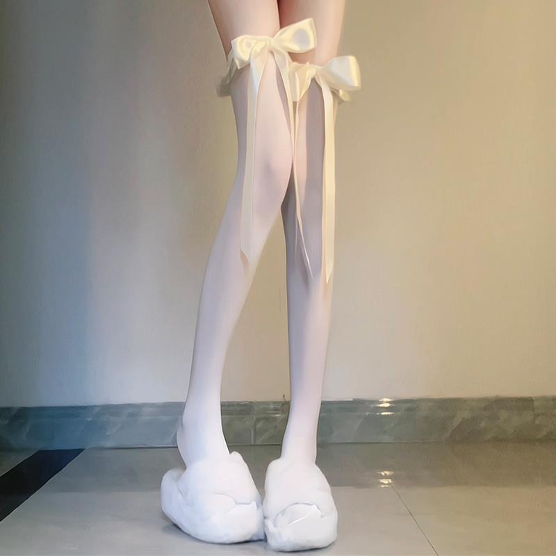 奶白色天鹅绒过膝袜蝴蝶结长筒袜丝带白丝高筒袜洛丽塔公主风袜子