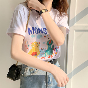 女 2025新款 纯棉宽松白色卡通印花短袖 t恤 可爱套头圆领上衣打底衫