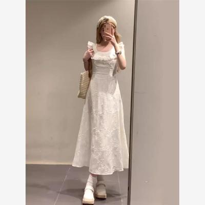 荷叶边白色无袖连衣裙女