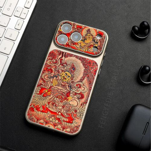 藏式黄财神适用于苹果iPhone17promax手机壳好运招财AIR复古16高级国风15皮纹电镀14pro全包转运13防摔手机壳