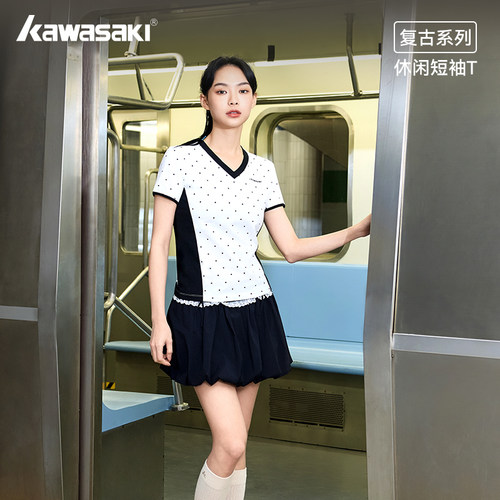 川崎复古V领短袖T恤女夏羽毛球服