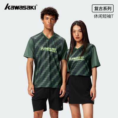 川崎2025新款羽毛球服男女款夏季速干透气休闲宽松条纹短袖T恤