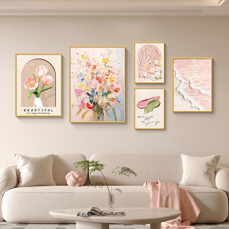彩色花卉沙发背景墙装饰画奶油风肌理感海浪客厅挂画新款组合壁画图片
